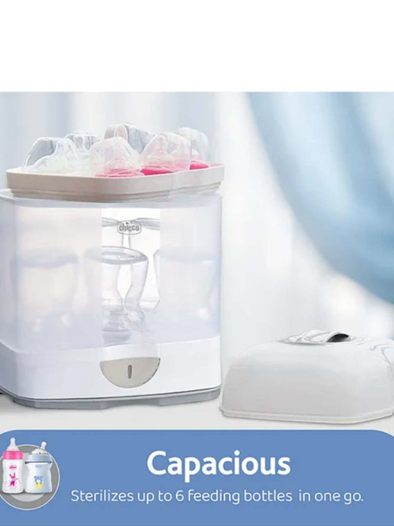 Chicco Baby Feeding Bottle Sterilizer 2 in 1 for 6 Bottles & Accessories - White- Capacious 