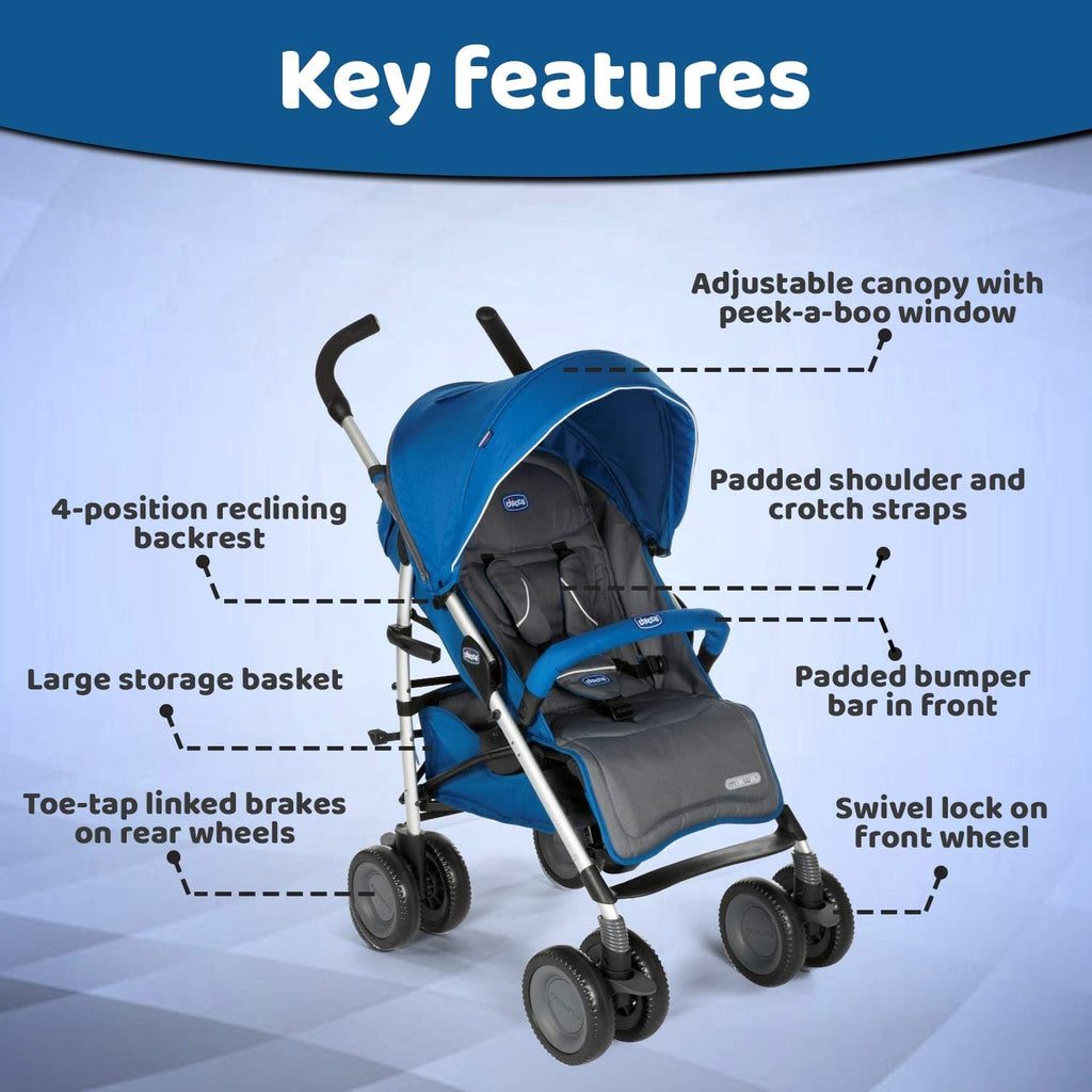 Detailed view of Chicco Multiway 2 Stroller's features including adjustable backrest and storage options.