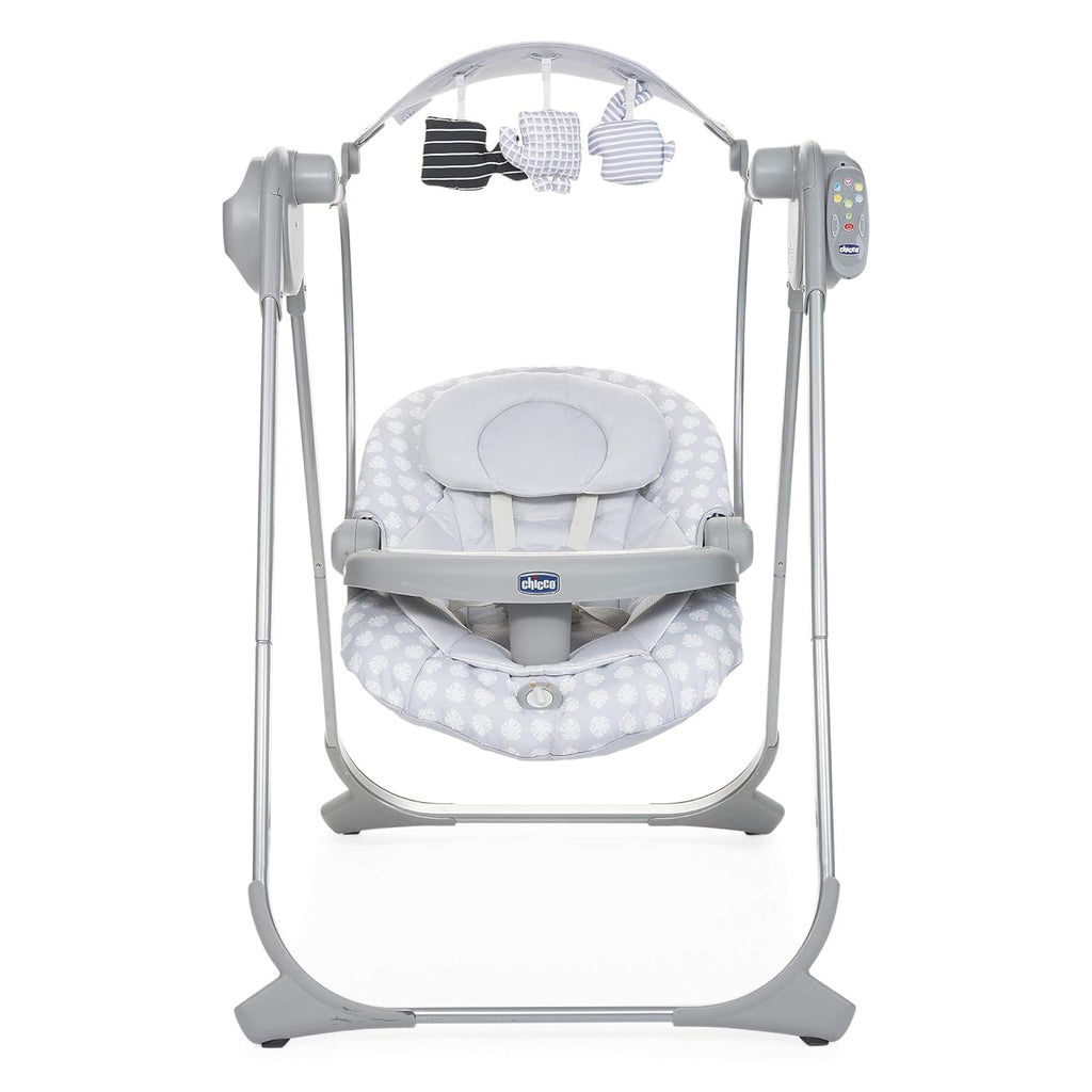 Front view of Chicco Swing Relax & Play, highlighting the ergonomic seat and safety harness.