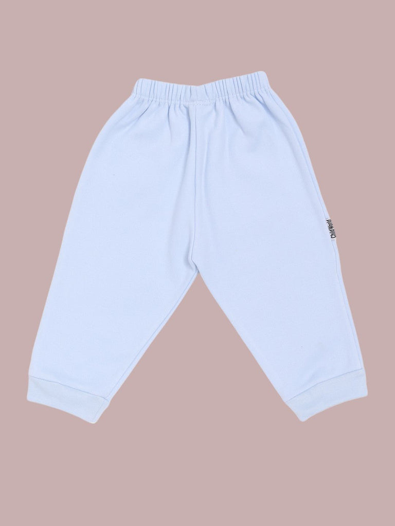 Front view of baby boys' sky blue cotton lounge pants, designed for softness and everyday comfort