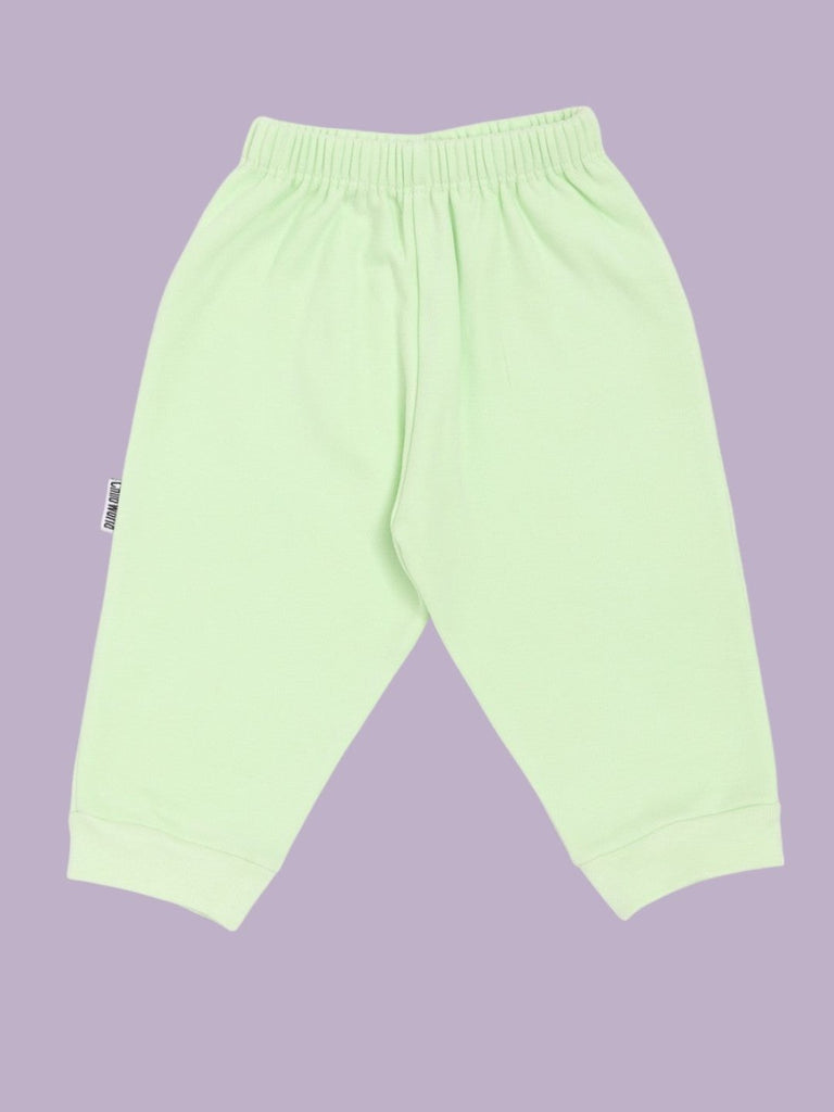 Baby boys’ mint green cotton pants, soft and lightweight, front view.