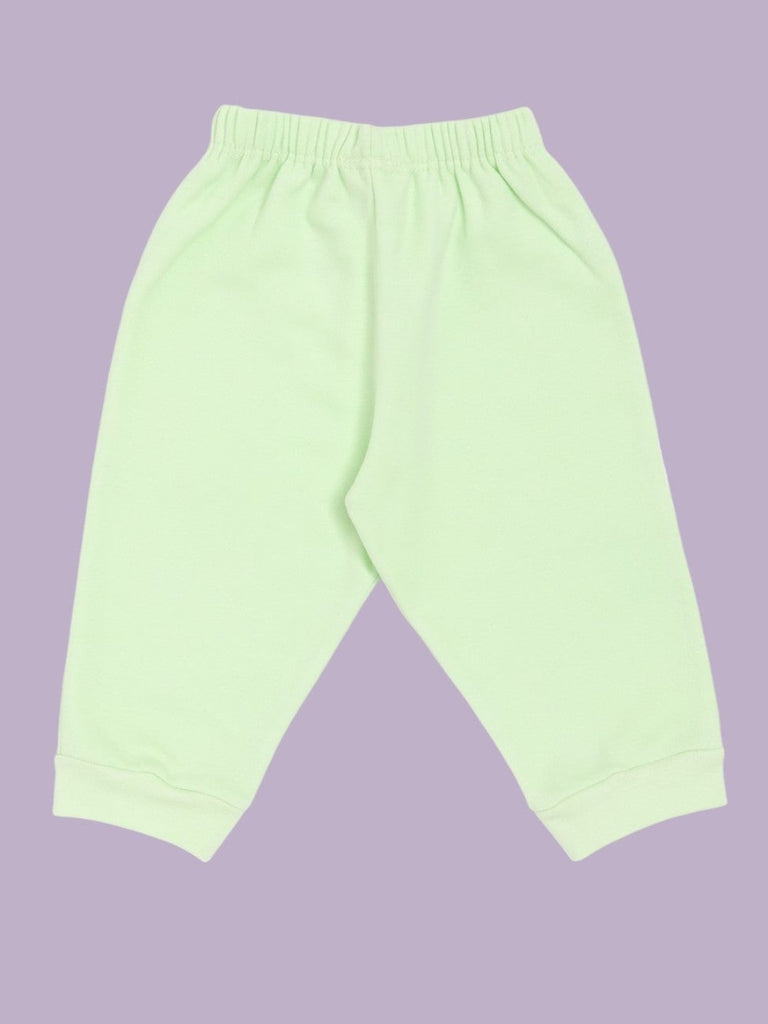 Baby boys’ mint green cotton pants, soft and lightweight, back view.