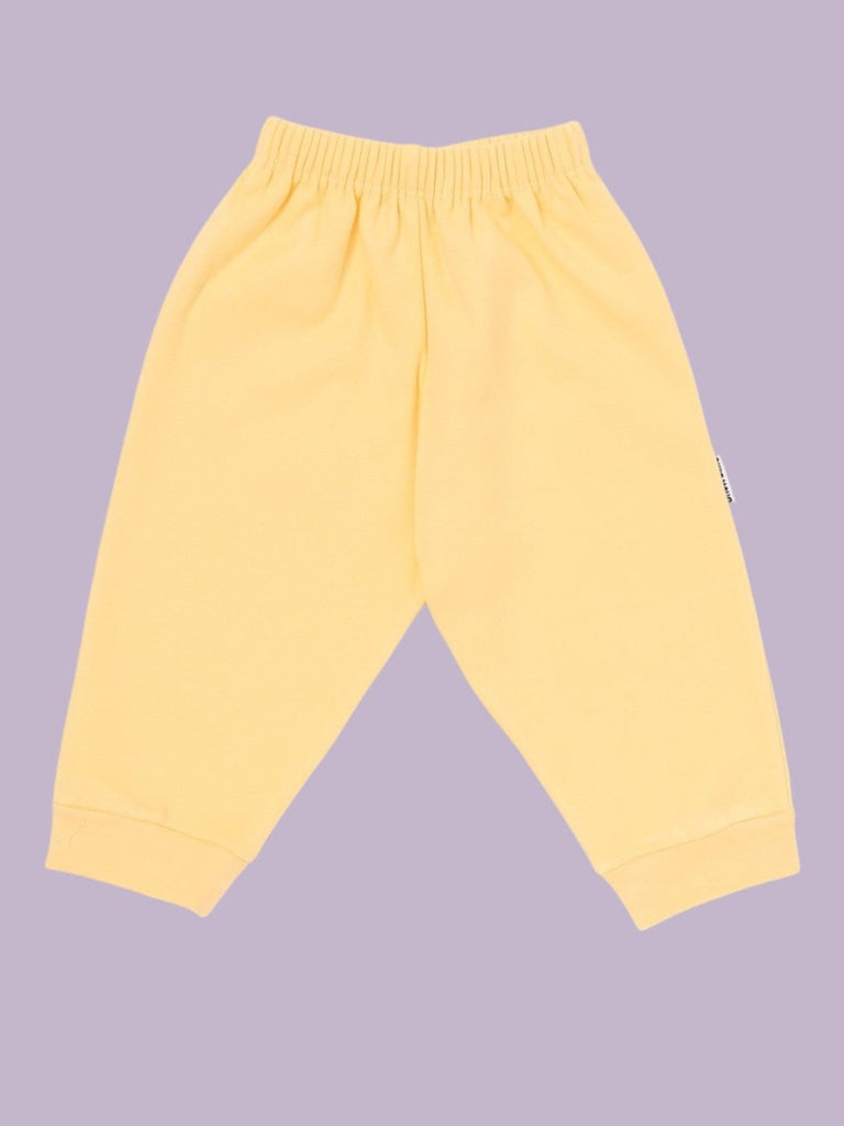 Front view of Child World Interlock Full Length Solid Lounge Pant in Yellow for babies