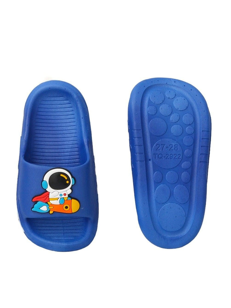 Top and bottom view of Yellow Bee Children's Blue Sliders, emphasizing the playful space theme and comfort