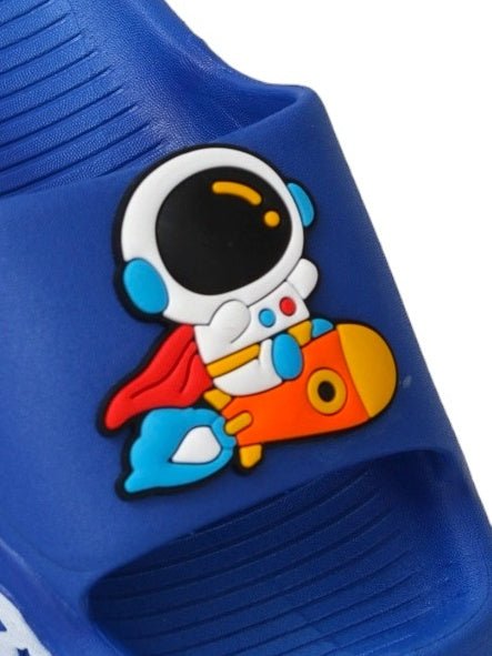 Close-up view of the Space Explorer Cartoon Motif on Yellow Bee's Blue Children's Sliders