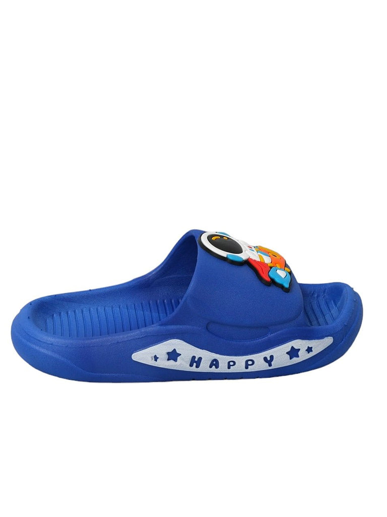 Side view showing the secure and comfortable fit of Yellow Bee's Children’s Blue Sliders