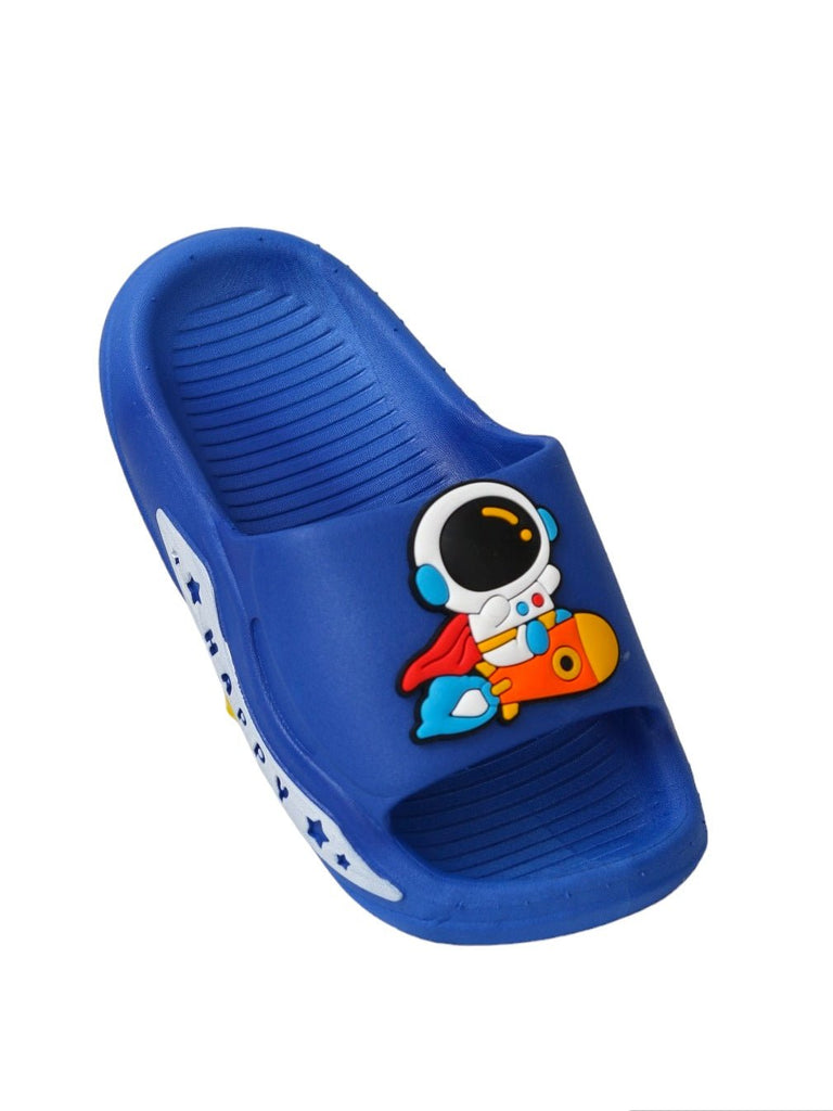 Side angle view of Yellow Bee Children's Sliders with a Space Explorer Cartoon Motif in blue