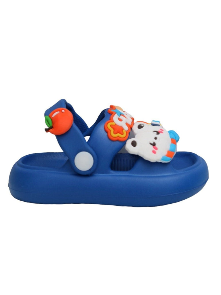 Side view of durable blue slide sandals with cloud and beverage charms for children.