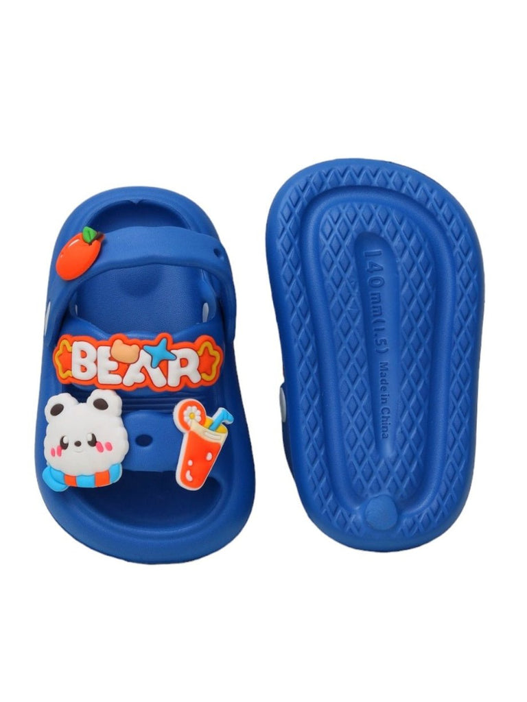 Top and bottom view of water-resistant blue children's slides with cute charms.