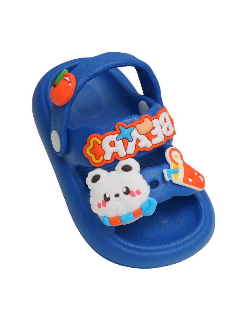 Kids' blue EVA slide sandals with cartoon cloud and beverage charms at an angle.
