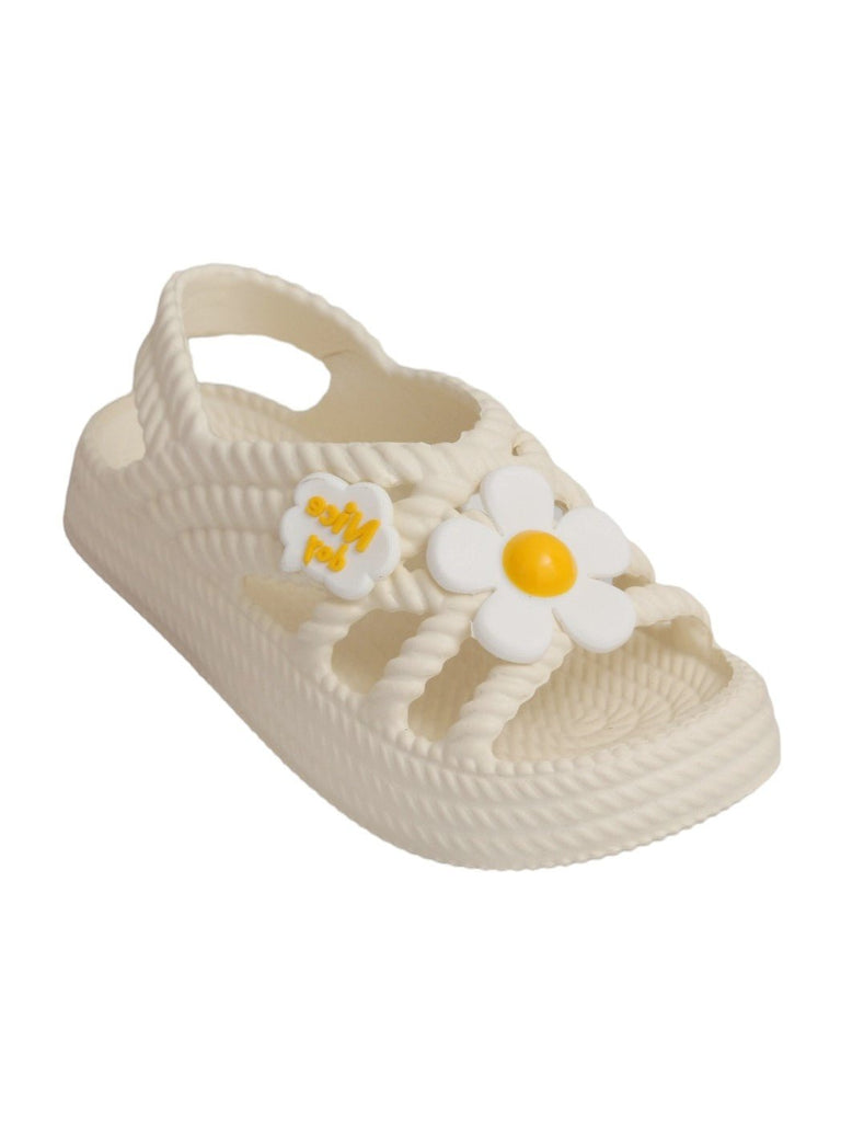 Angle view of Yellow Bee Children's Cream-Colored Sandals with charming flower and charms