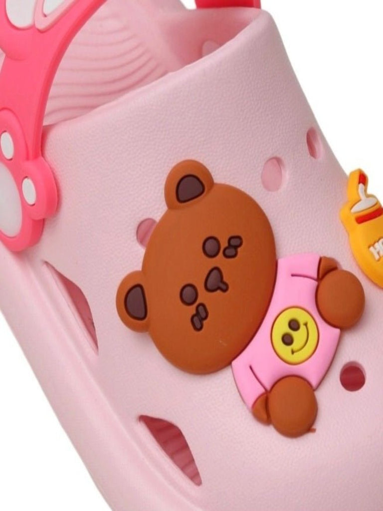 Close-Up of Pink Bear Detail on Children's Clogs