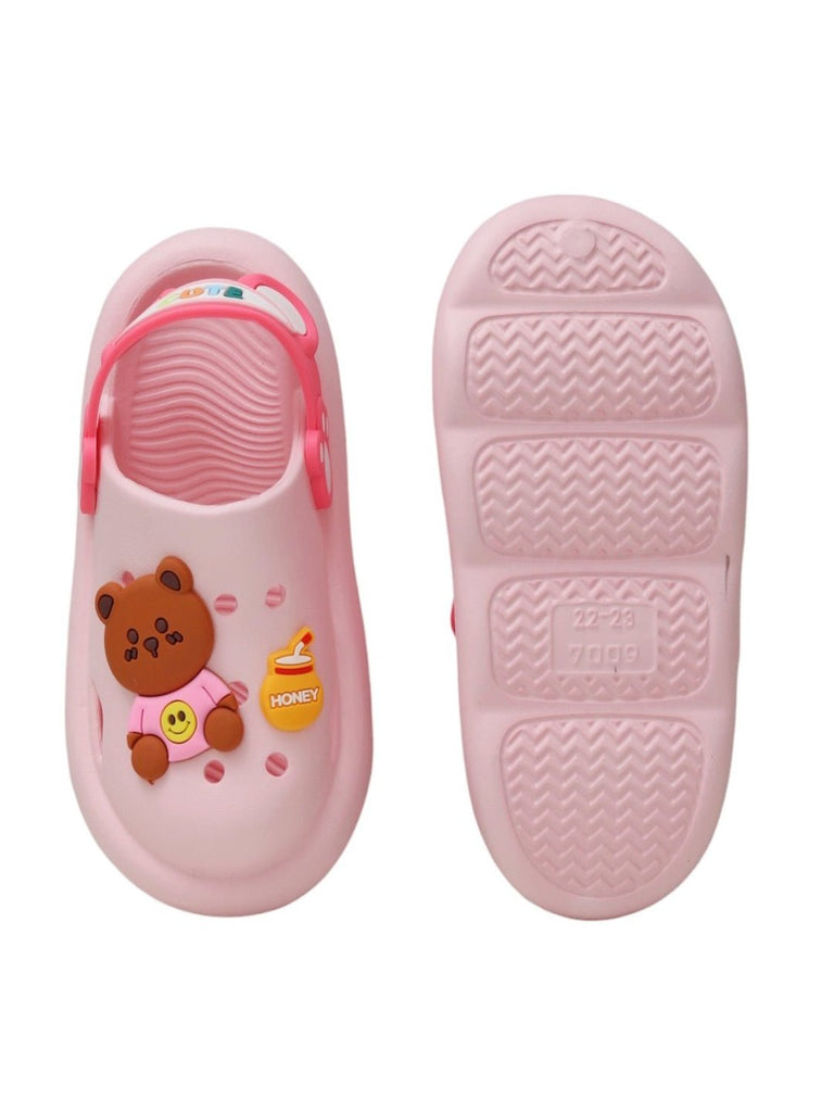 Top and Bottom View of Durable Pink Bear-Themed Clogs for Children