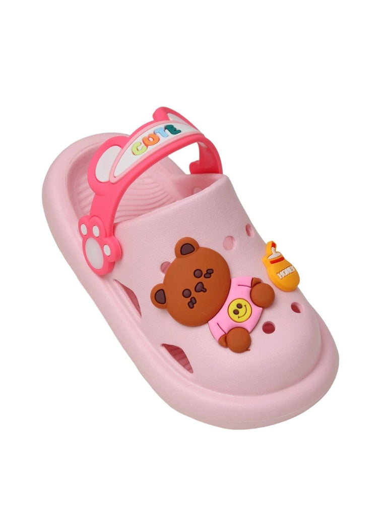 Angle View of Children's Pink Clogs with Bear and Honey Motifs by Yellow Bee