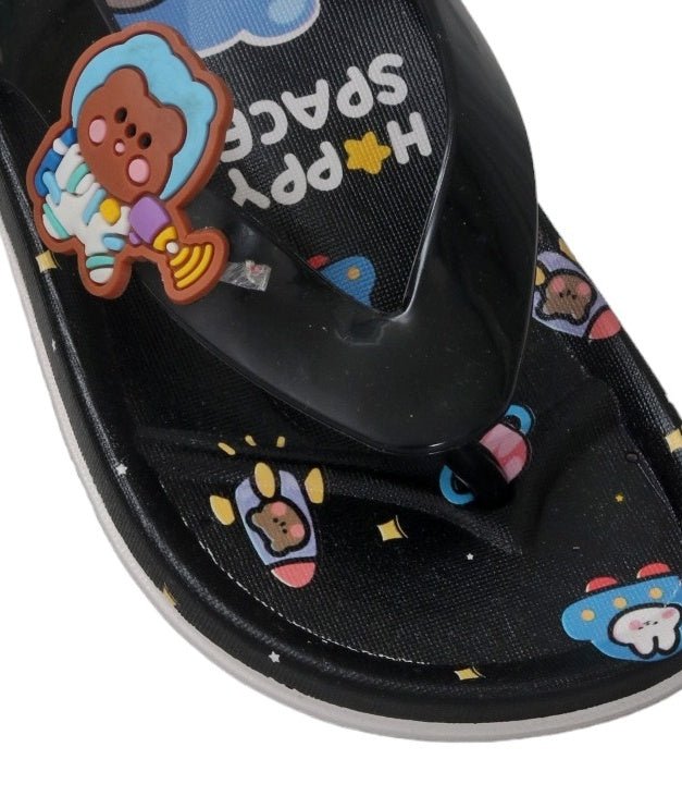 Close-Up of Yellow Bee Kids' Space Themed Flip Flops with Astronaut Bear Design
