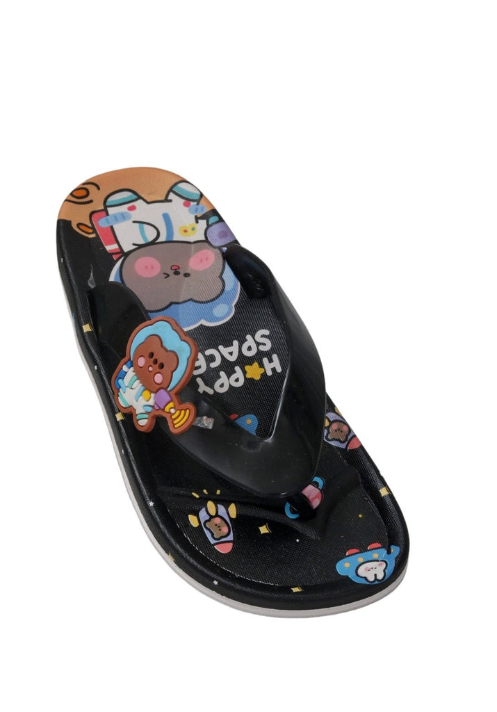 Angle View of Yellow Bee Space Themed Kids' Flip Flops with Cartoon Astronaut Bear