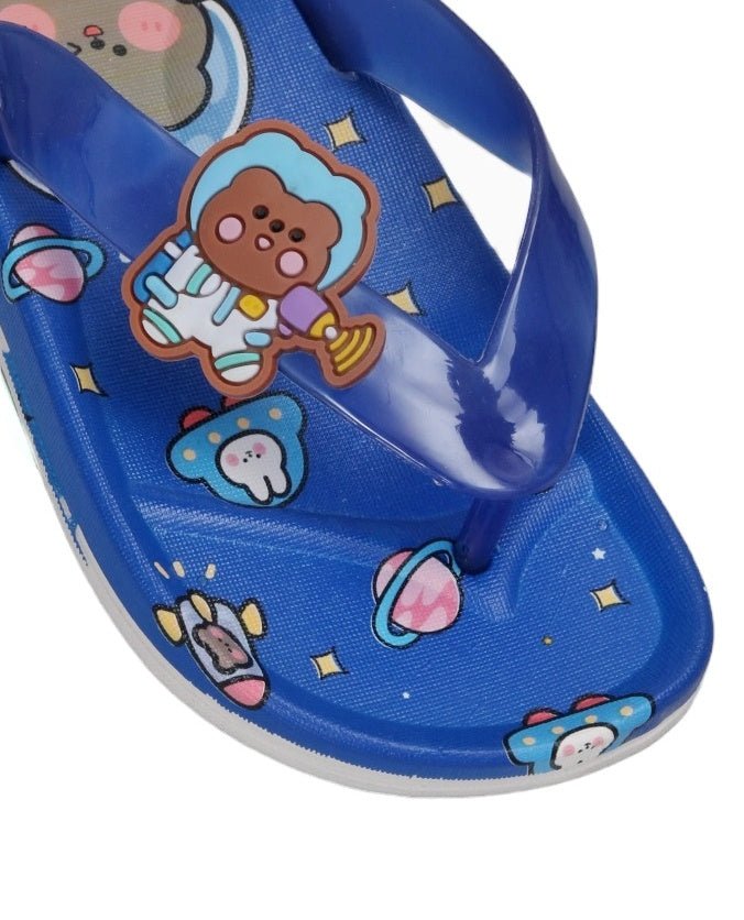 Close-up view showcasing the charming Cartoon Astronaut Bear design on Yellow Bee's Space Themed Flip Flops