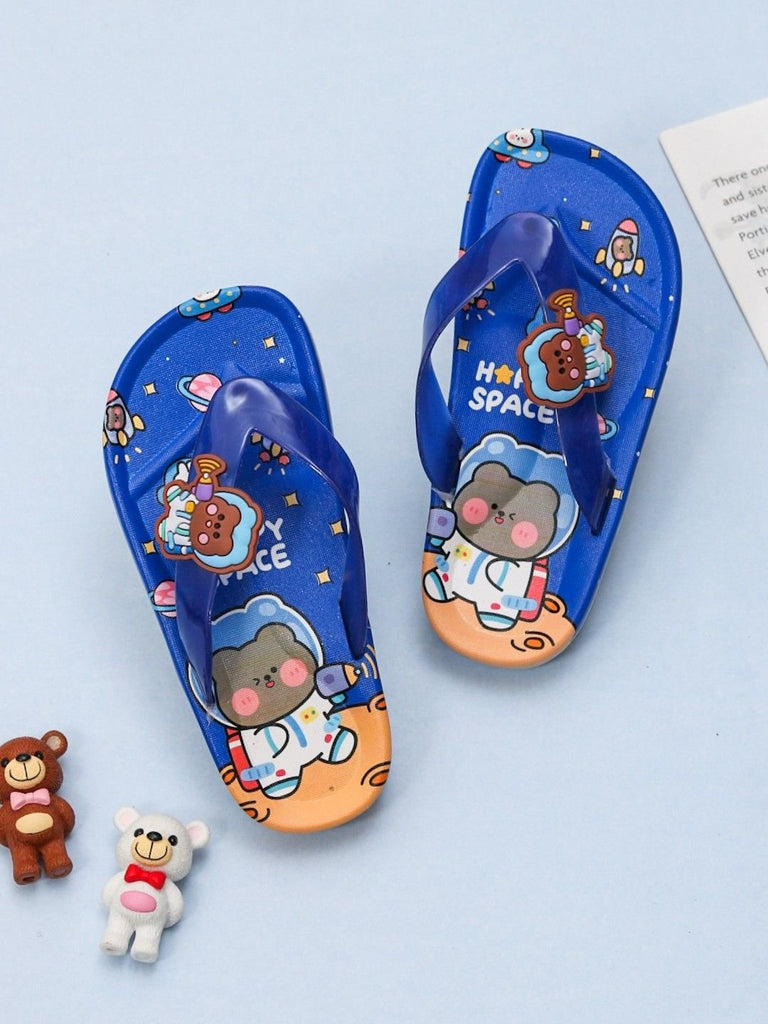 Main display of Yellow Bee Children’s Blue Flip Flops with Space and Cartoon Astronaut Bear Design