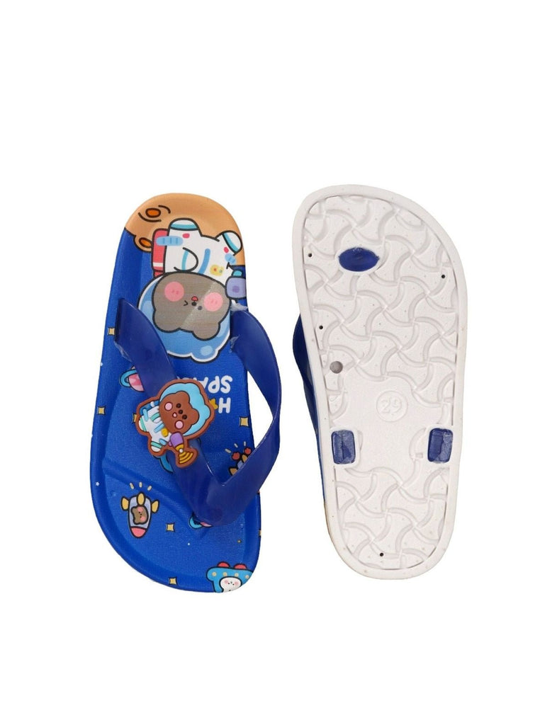  Front and back view of Yellow Bee's Space Themed Flip Flops highlighting the playful astronaut and stars design