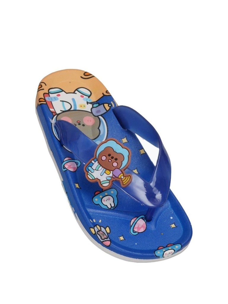 Right side view of Yellow Bee's Space Themed Blue Flip Flops with Cartoon Astronaut Bear motif