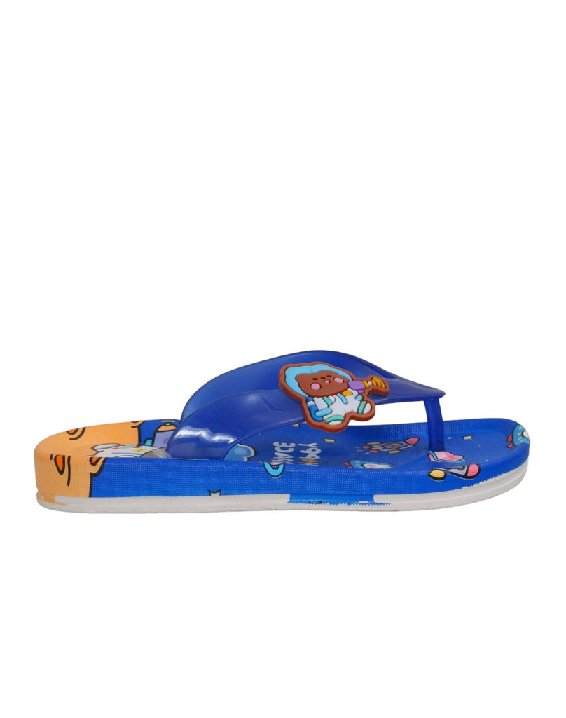 Profile view of Yellow Bee Children's Space Themed Blue Flip Flops with Cartoon Astronaut Bear