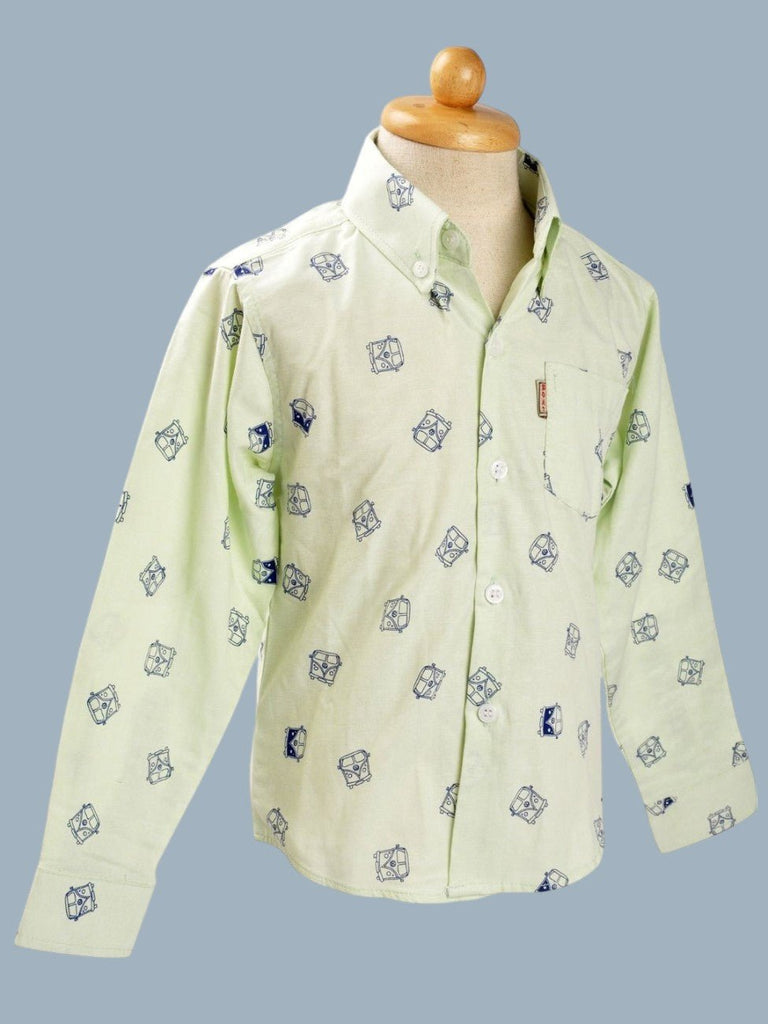 Side view of the Boys' Printed Long Sleeve Shirt with fun car motifs, featuring long sleeves and a comfortable fit.