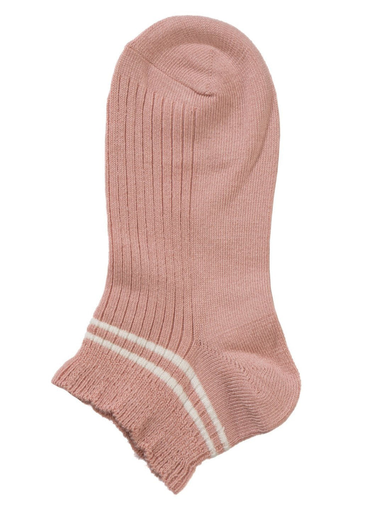 Full view of the pink ankle sock with a white striped cuff, displayed flat.