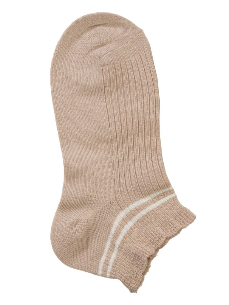 Flat view of a beige sock with white stripes, displaying the ribbed texture and soft cuff.