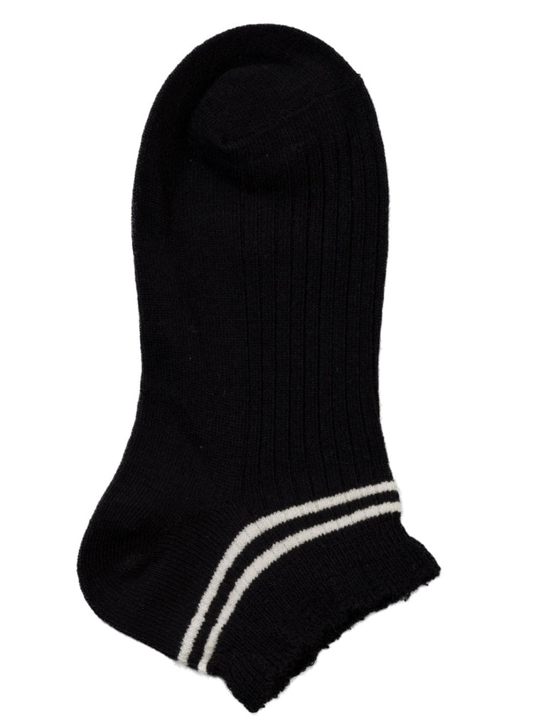 Full view of a black sock with white stripes, emphasizing the ruffle cuff and reinforced heel.