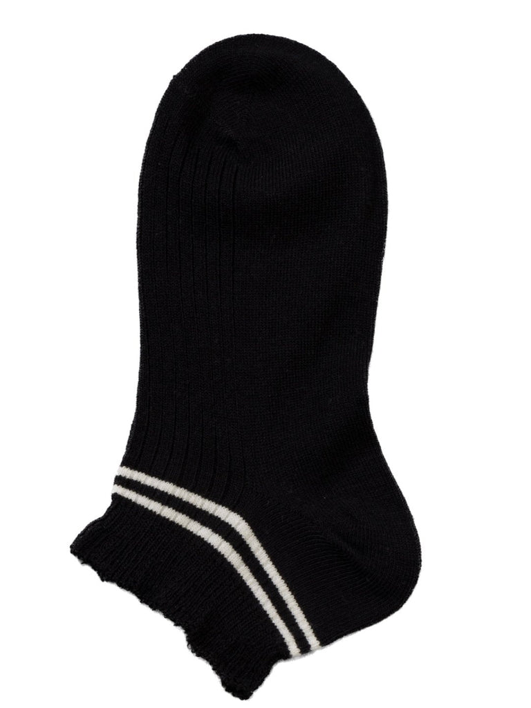 Black ankle sock with white stripes, laid flat, showing full design.