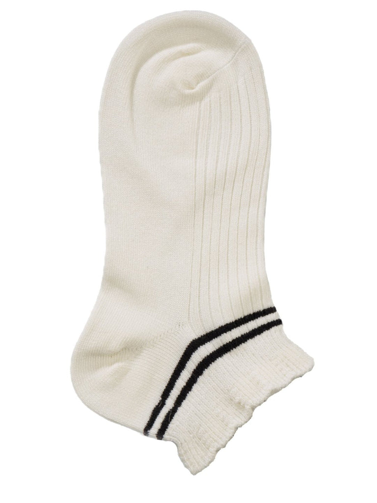  White ankle sock with black striped details, laid flat.