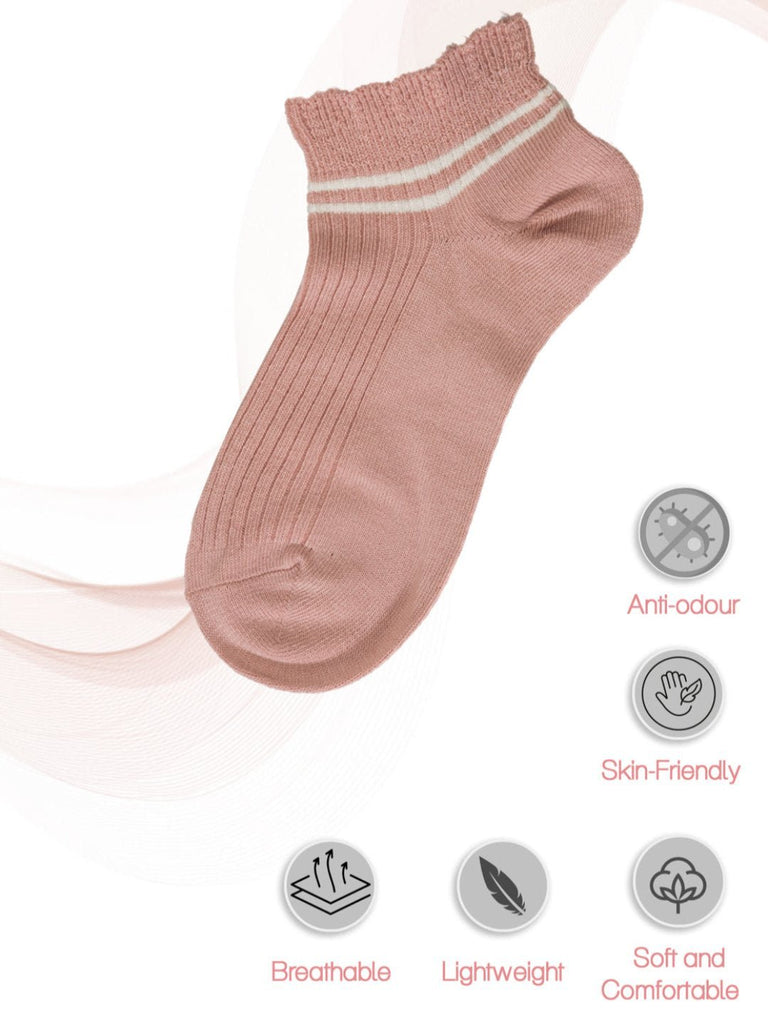 Pink ankle sock with striped detail, showcasing features like soft elastic ruffle cuff, arch support, seamless toe, and reinforced heel.