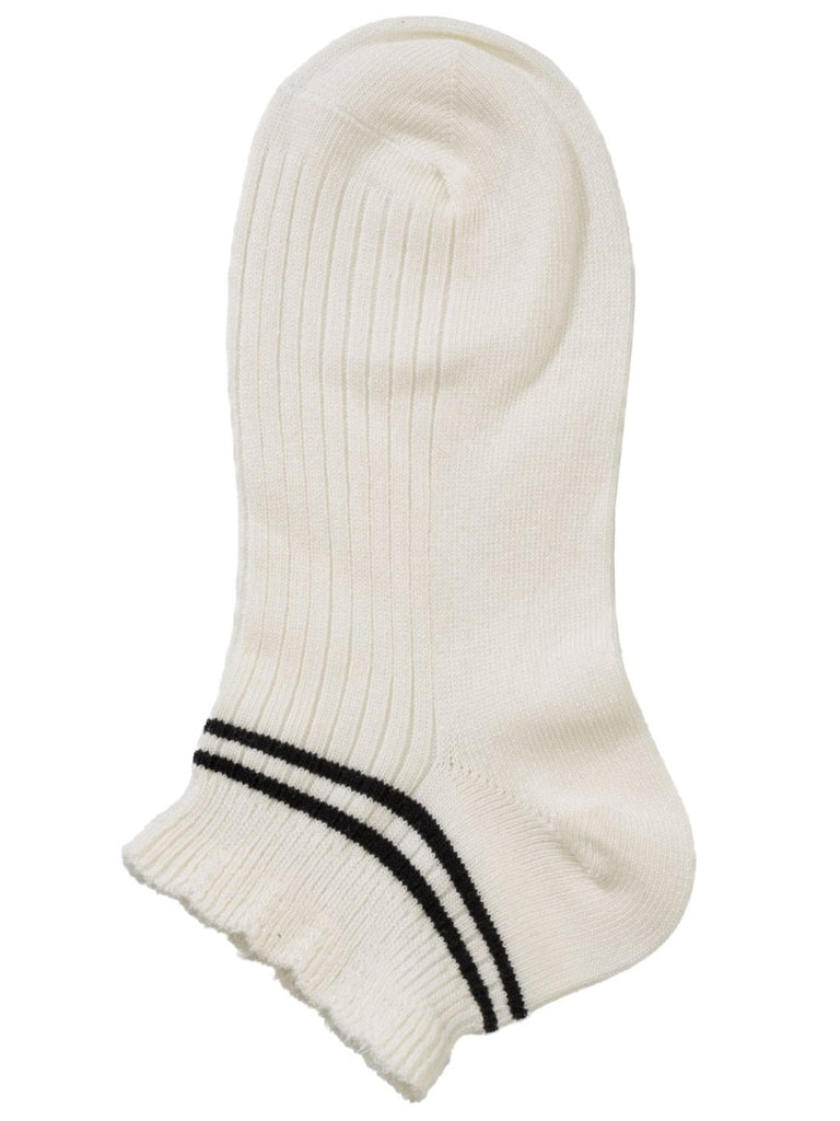 Flat view of a white sock with black stripes and ruffle cuff, showing its classic design.