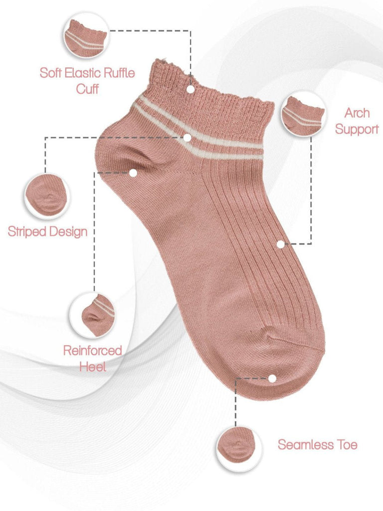 Pink ankle sock with striped detail, displaying benefits like anti-odor, breathable, lightweight, skin-friendly, and soft and comfortable fabric.