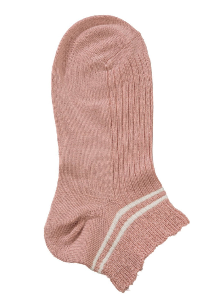 Pink ankle sock with white stripes, laid flat, showing full design.