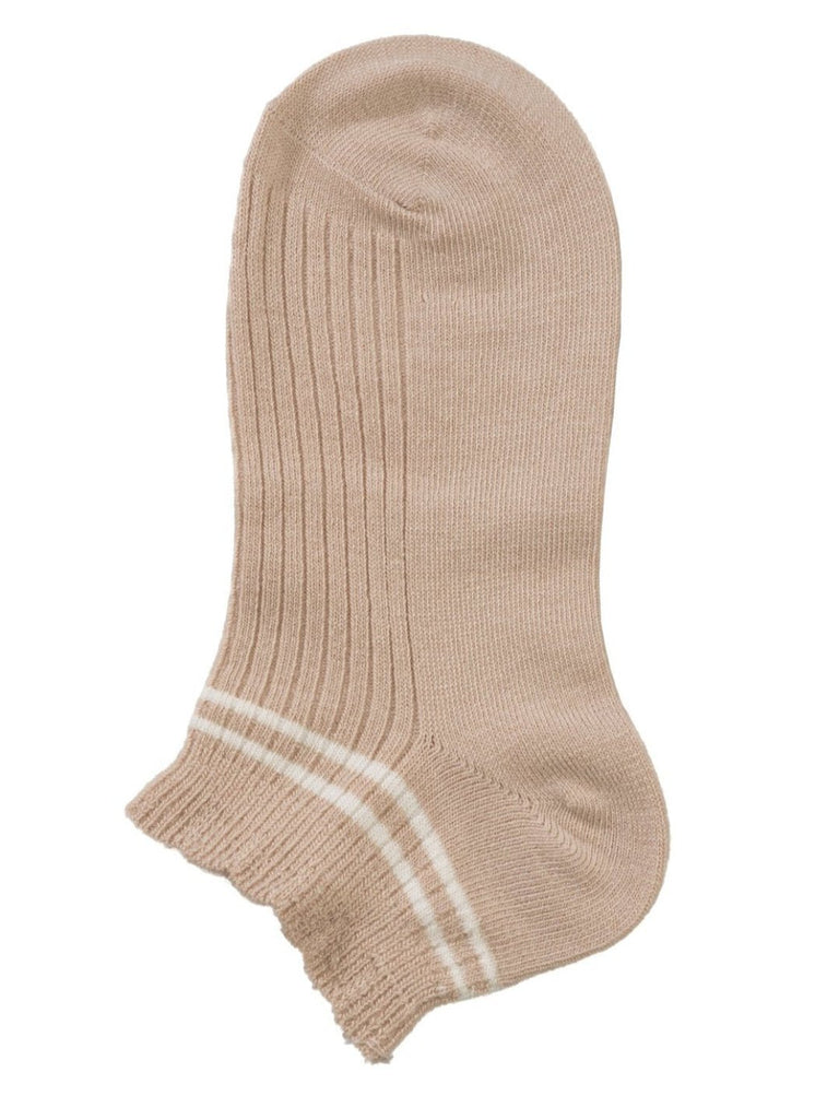 Flat view of a beige sock with white stripes, displaying the ribbed texture and soft cuff.