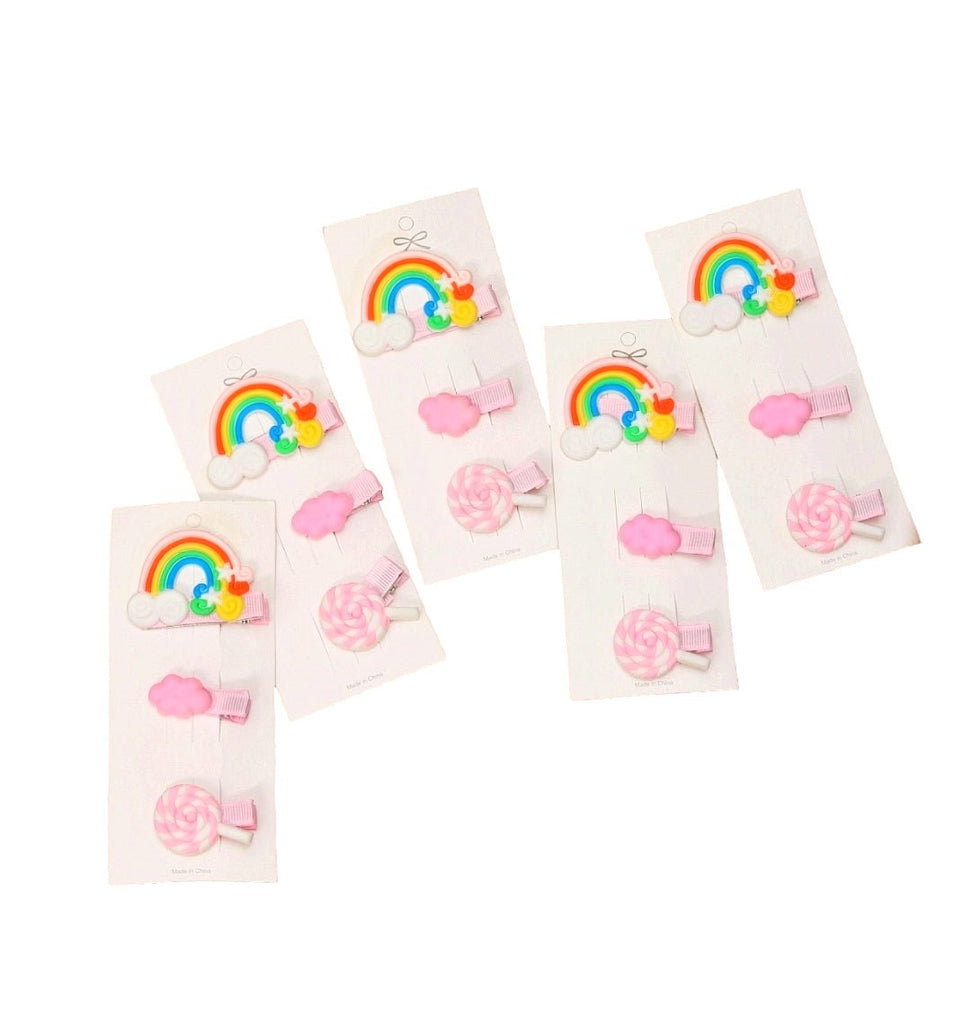 Yellow Bee hair clips pack featuring clouds, rainbows, and candy 