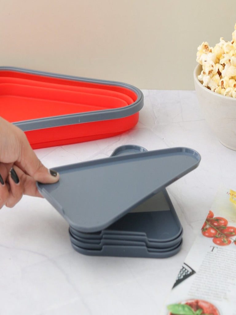 Detailed close-up of Yellow Bee Collapsible Pizza Slice Container in Red, focusing on the secure sealing and durable silicone material.