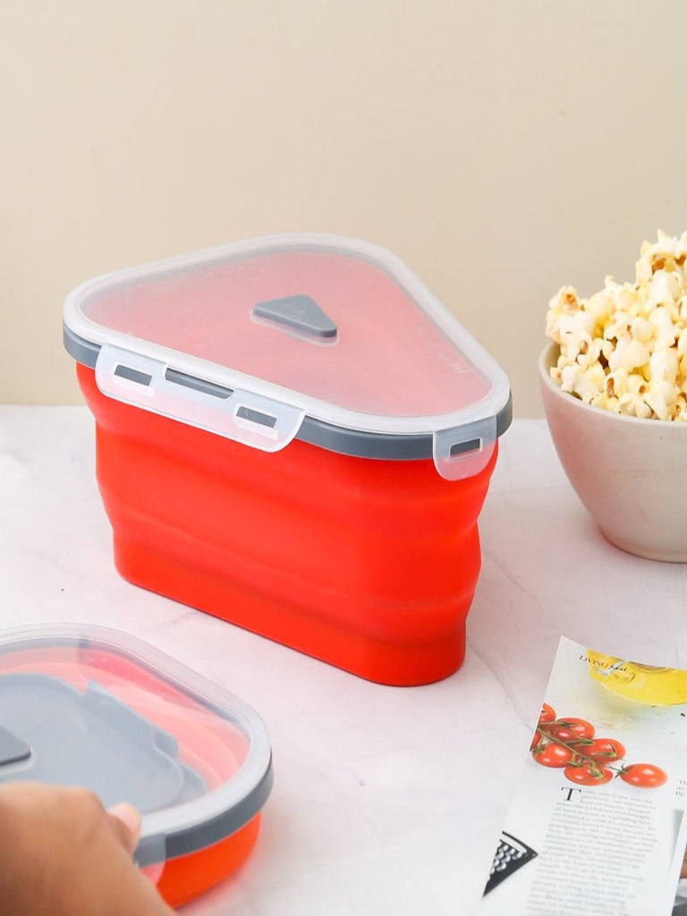 Full view of Yellow Bee Collapsible Pizza Slice Container with 5 Serving Trays in Red, highlighting the expanded container.