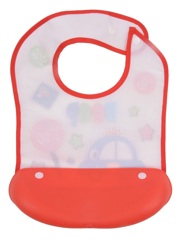 Back view of Yellow Bee Colorful 'Beep Beep' Baby Bib with Waterproof Pocket showing the closure.