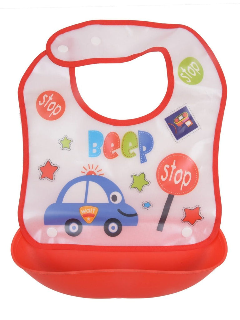 Front view of Yellow Bee Colorful 'Beep Beep' Baby Bib with Waterproof Pocket.