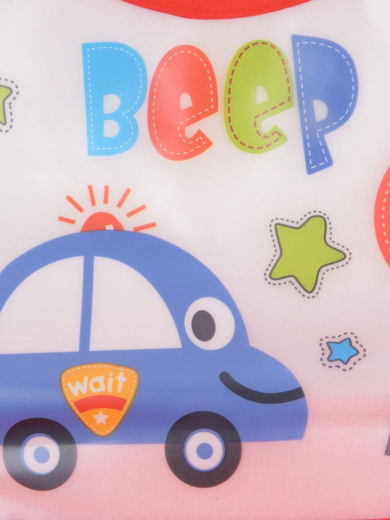 Close-up view of Yellow Bee Colorful 'Beep Beep' Baby Bib with playful car design.