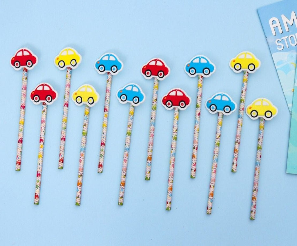  Pack of 12 "Speedster Scribblers" wooden pencils by Yellow Bee with colorful car erasers on a blue background.