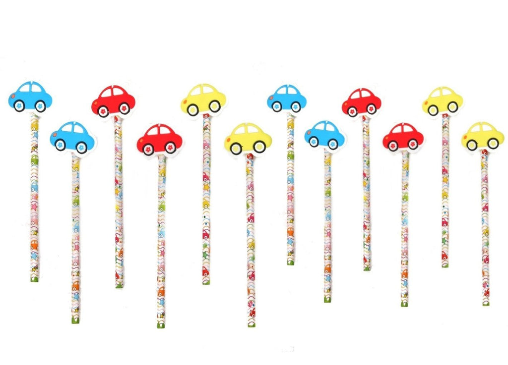 Display of 12 Yellow Bee pencils with blue, yellow, and red car erasers from the "Speedster Scribblers" collection.