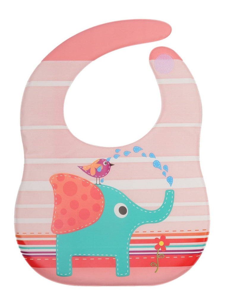 Close-up of Colorful Elephant design on Pink Striped Waterproof Bib by Yellow Bee