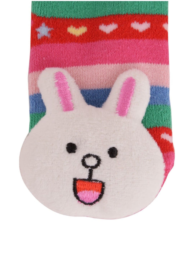 Colorful Striped Baby Socks with 3D Bunny Design – Closeup View