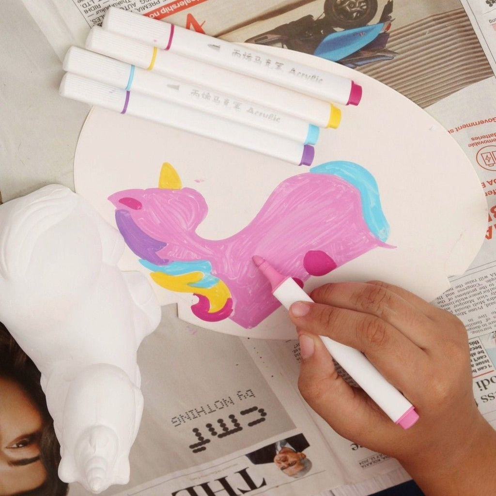 Close-up of a beautifully colored unicorn from the Yellow Bee Colourme Ceramics DIY kit.