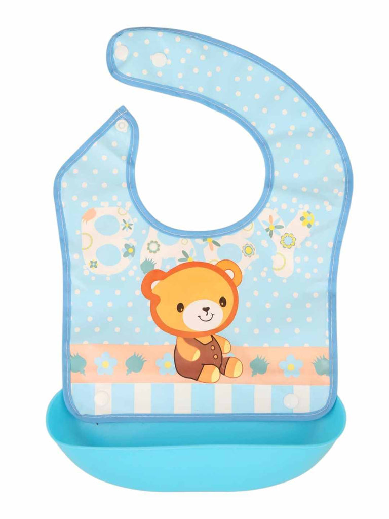 BearBuddyBabyBib_CartoonTeddyDesignonBlueWaterproofBibwithFoodCatcher-FrontView 1