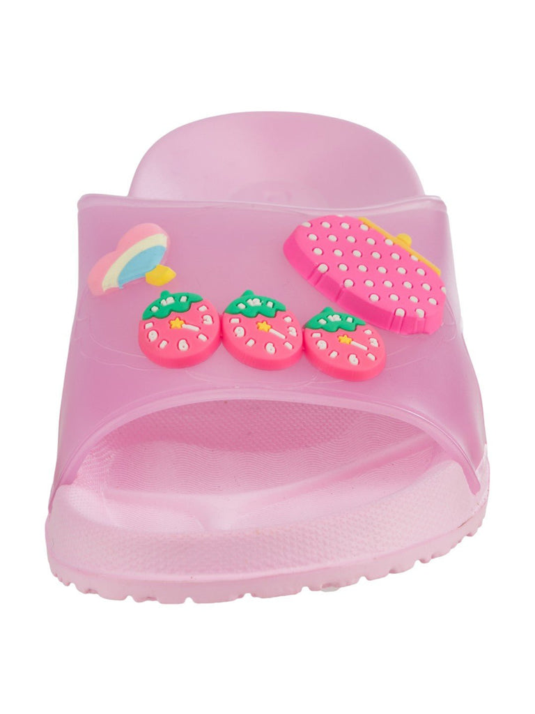 Comfy & Colorful Strawberry, Heart Candy & Purse Charms Slides for Girls- Pink-Front View