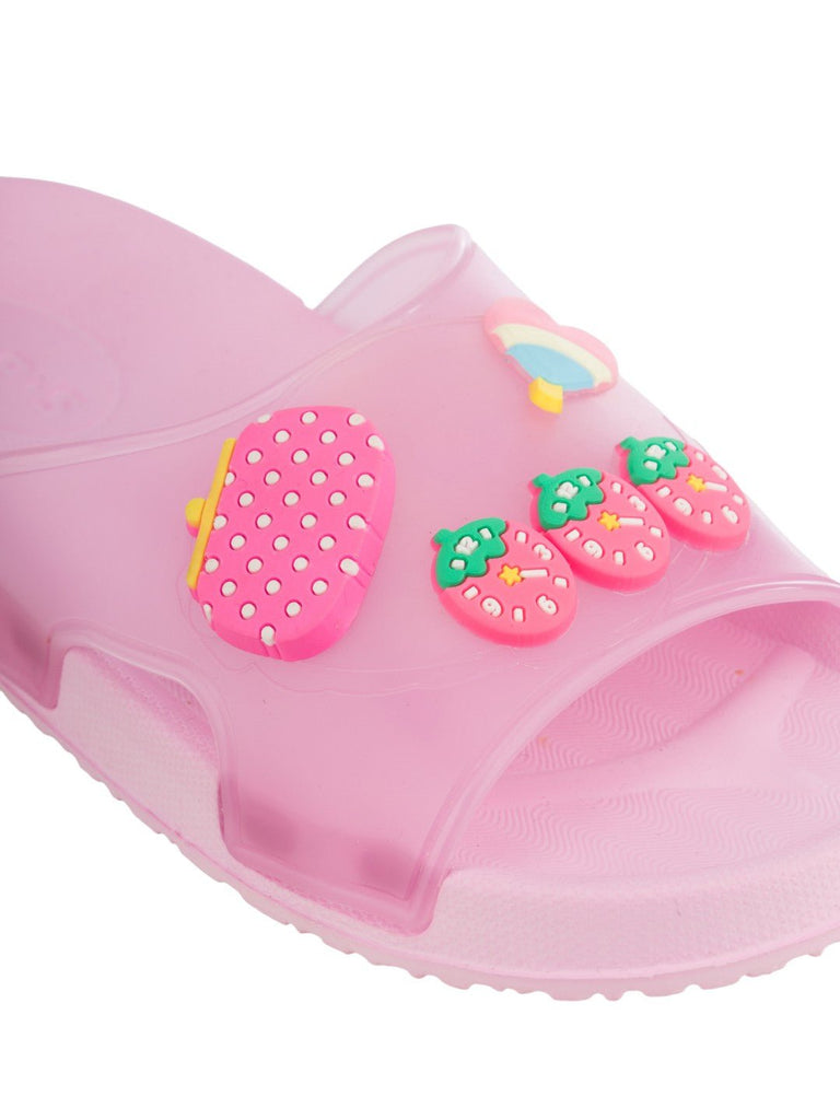 Comfy & Colorful Strawberry, Heart Candy & Purse Charms Slides for Girls- Pink-Close up View